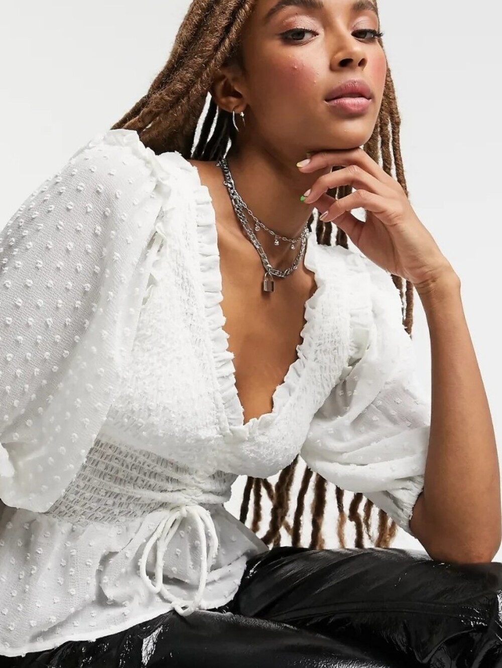 Topshop Cream Swiss Dot Smocked Blouse with Ruffle Trim